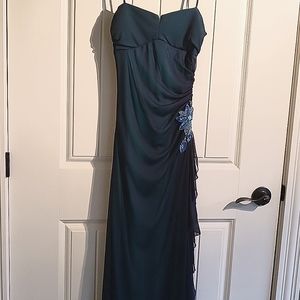 Iridescent blue-green full length evening gown w/ side ruching bead detail.